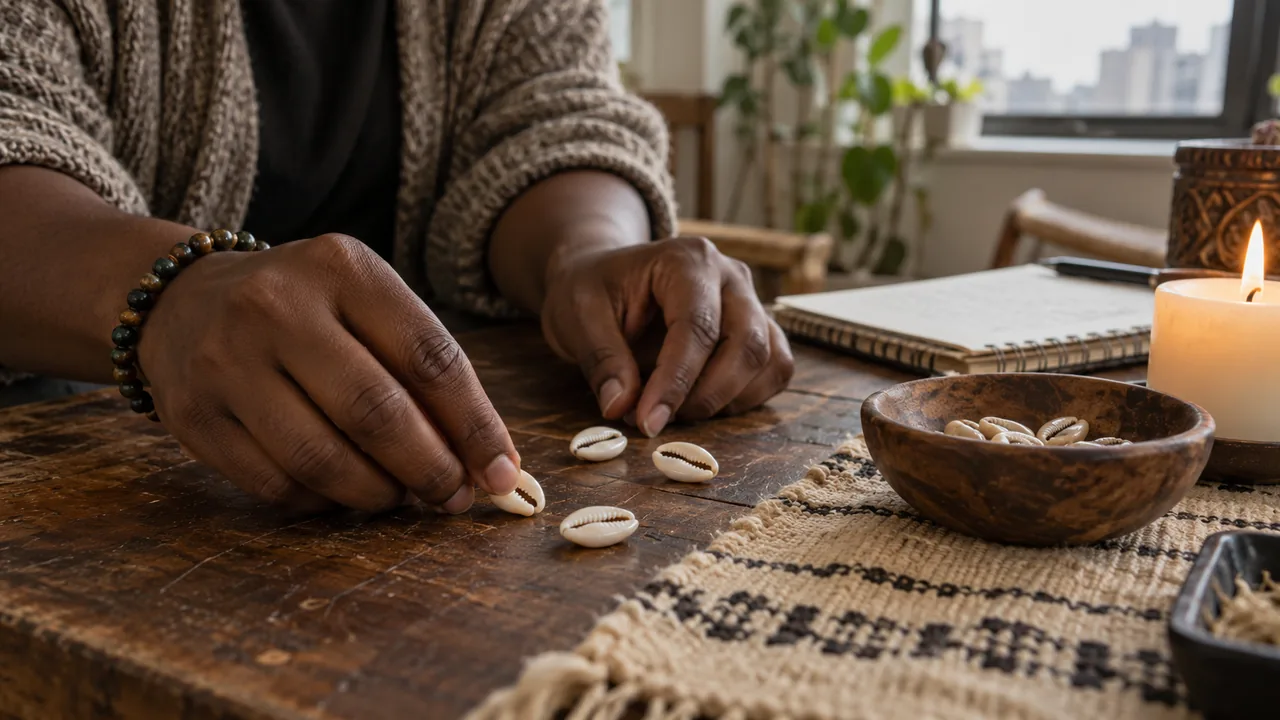 Hands arranging cowrie shells for spiritual work on a wooden table
