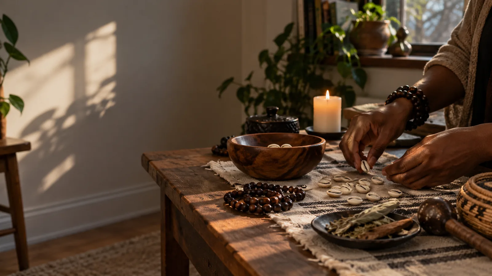 Cowrie shells and candle arranged for a private love ritual consultation in Toronto
